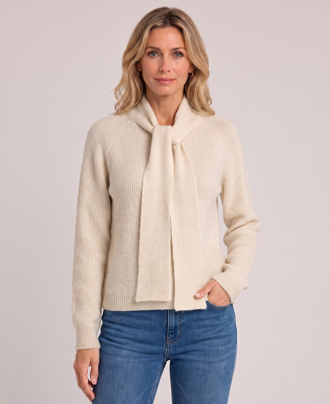 Women's Knit Jumper Scarf Tie Neck Raglan Sleeves in Cream, front view