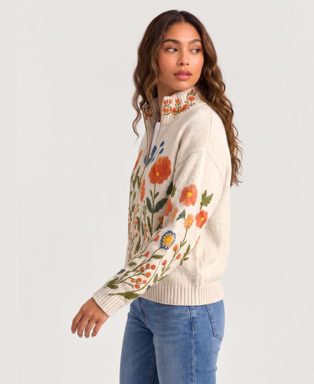 Women's embroidered floral zip up cardigan in cream, side view
