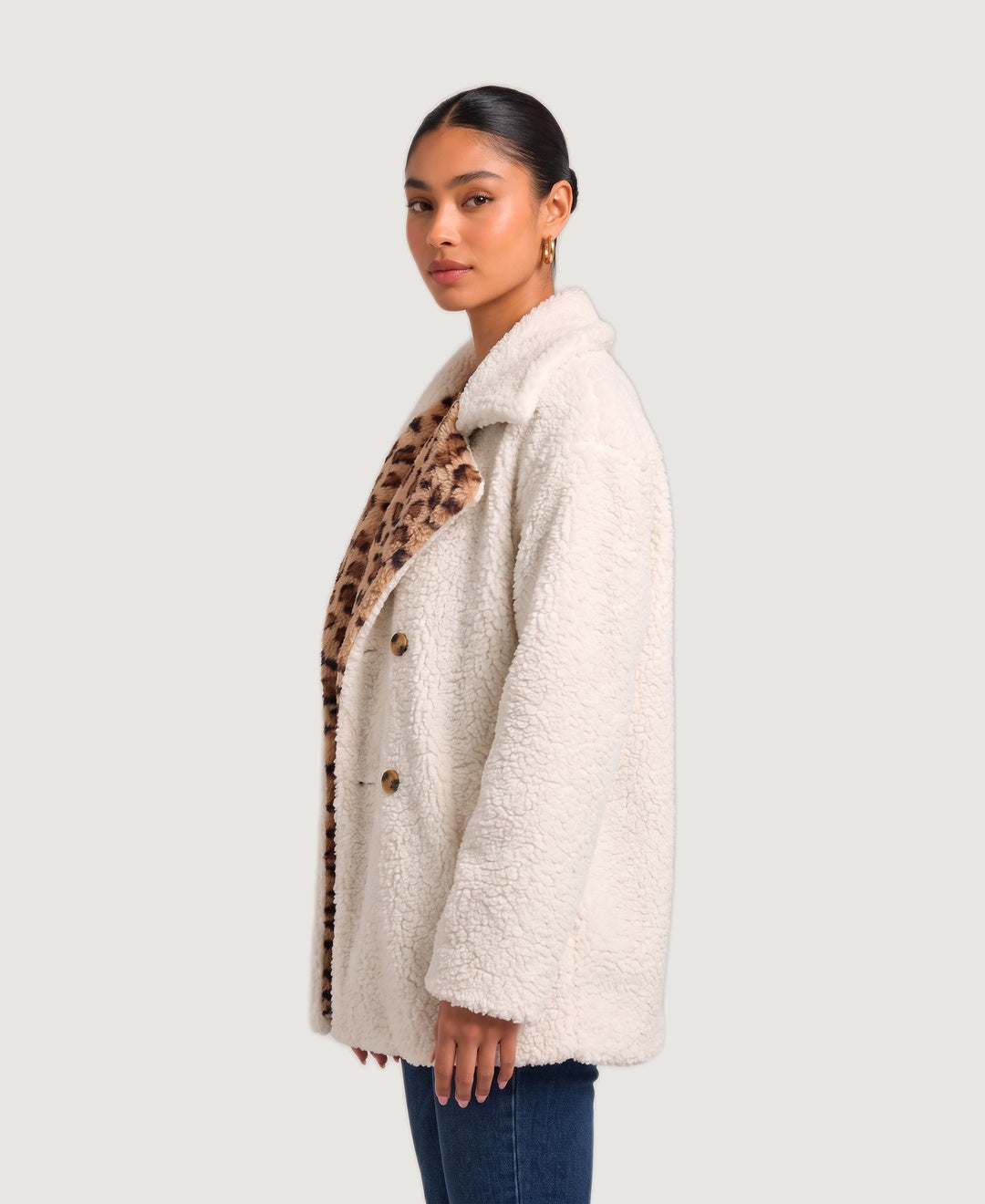 Teddy Double Breasted Coat with Leopard Lapels in cream, side view