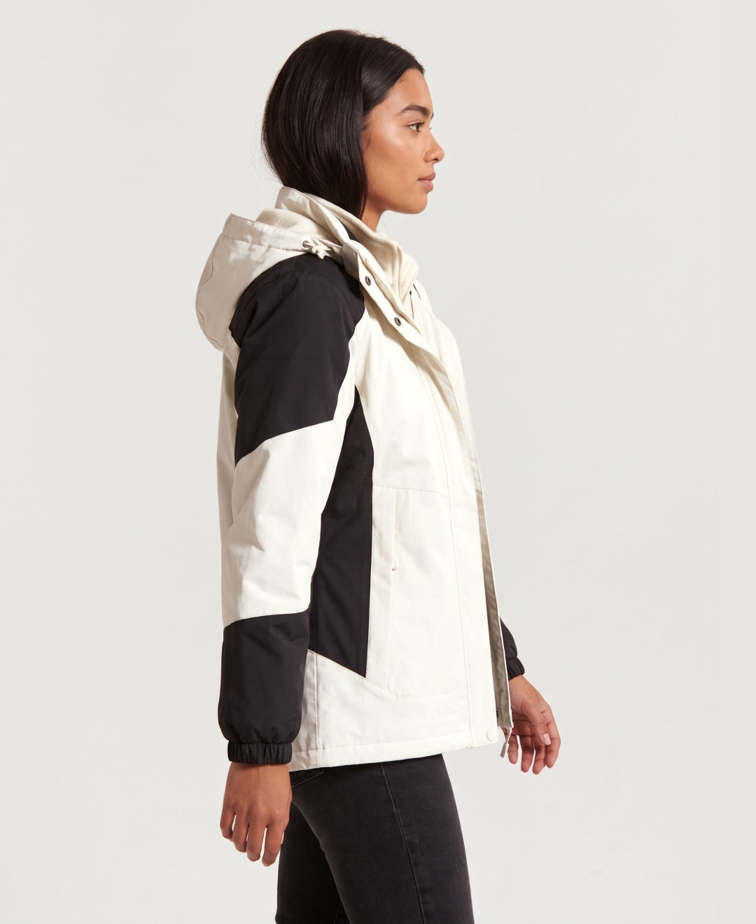 Women's 3-in-1 hooded outdoor jacket with fleece liner in cream, side view