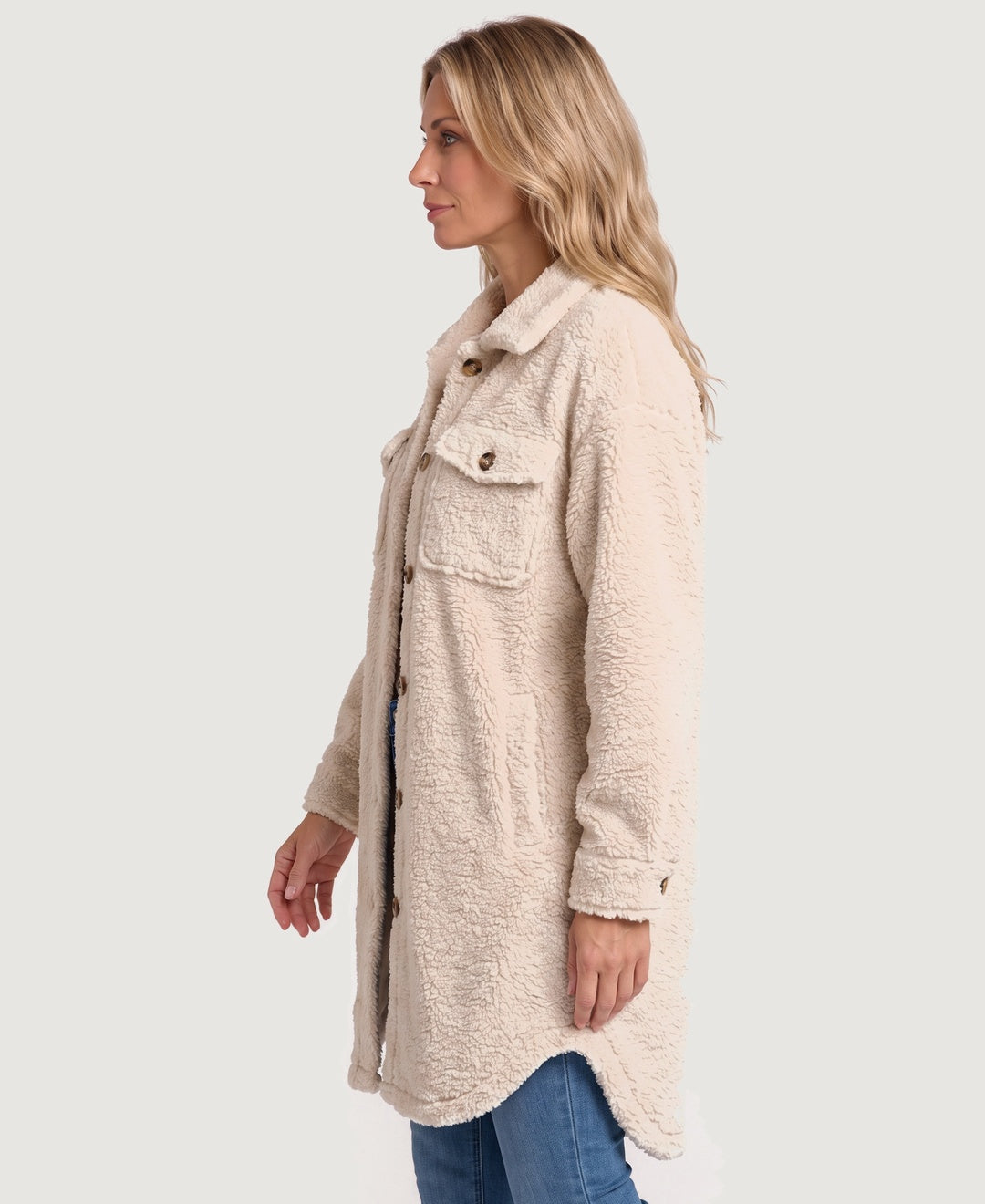Long Teddy Fleece Shirt Coat Button Front cream side view