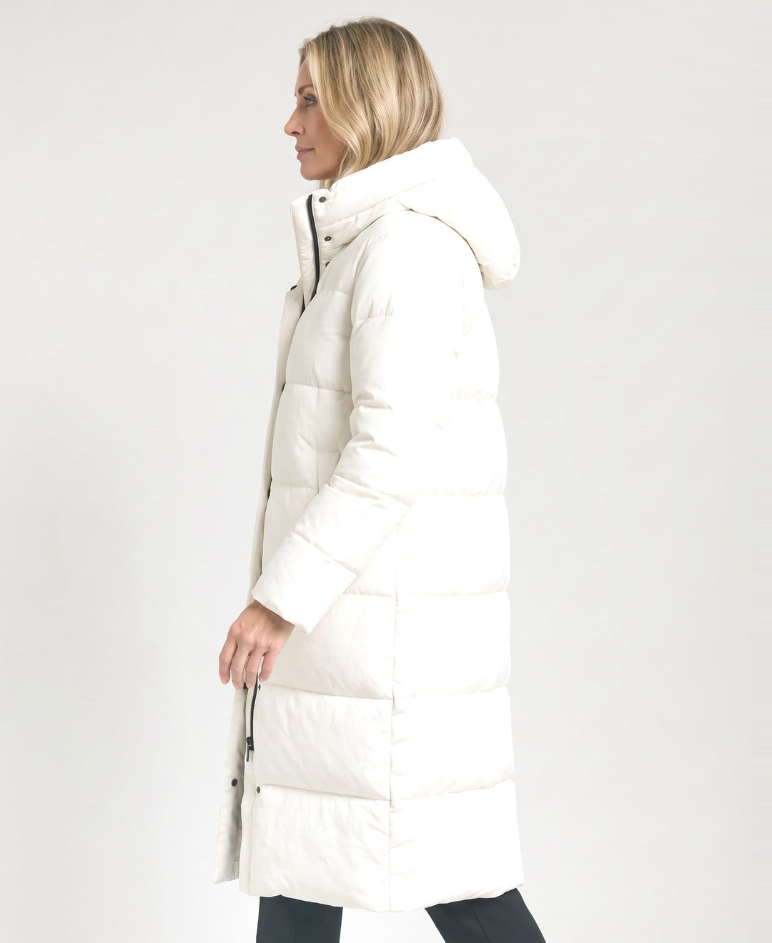 Long Hooded Puffer Coat Horizontal Quilting Stand Collar cream side view