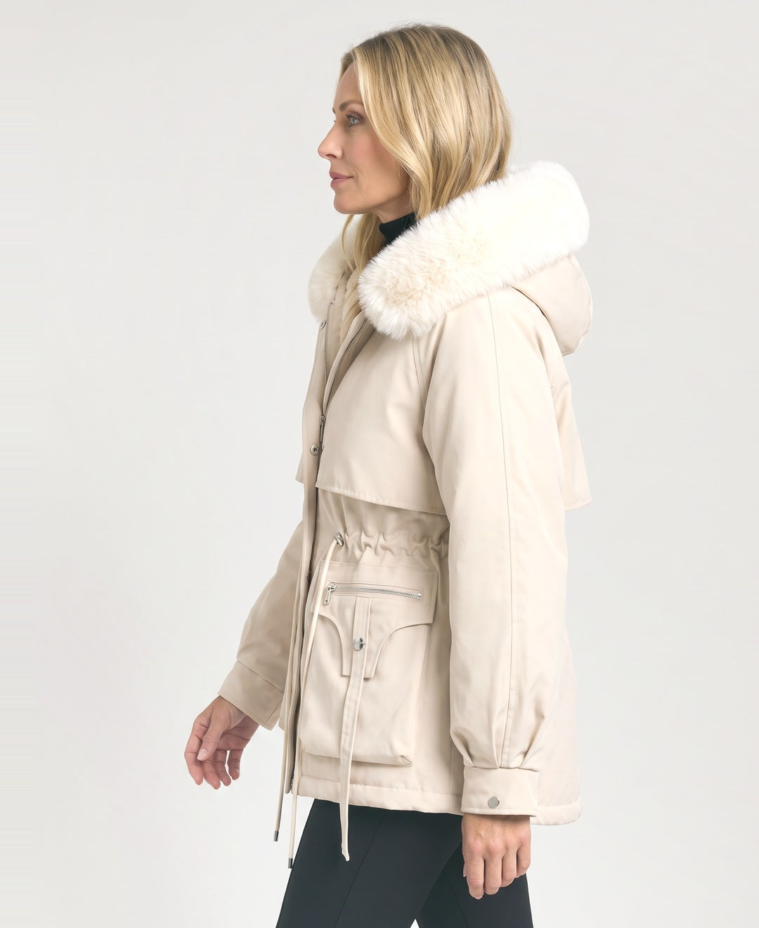 Short Hooded Parka Faux Fur Trim Drawstring Waist cream side view