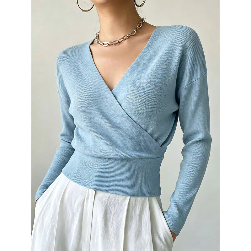 Rebecca Wrap Front Ribbed Knit Jumper in Sky Blue