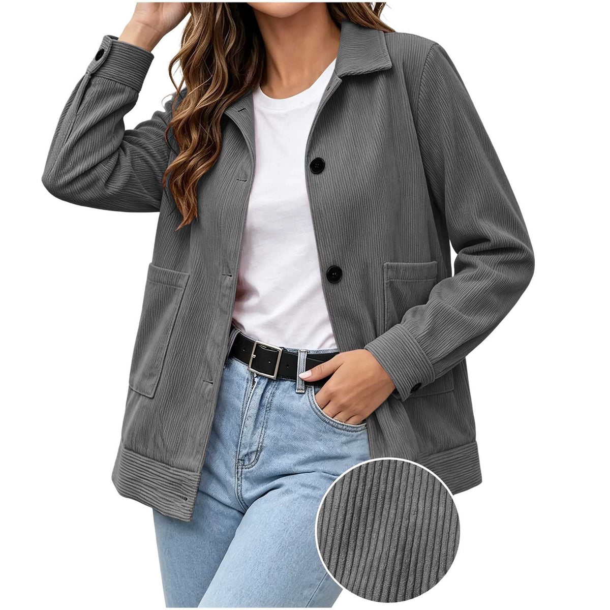 Lexi Corduroy Collared Button Jacket in Grey