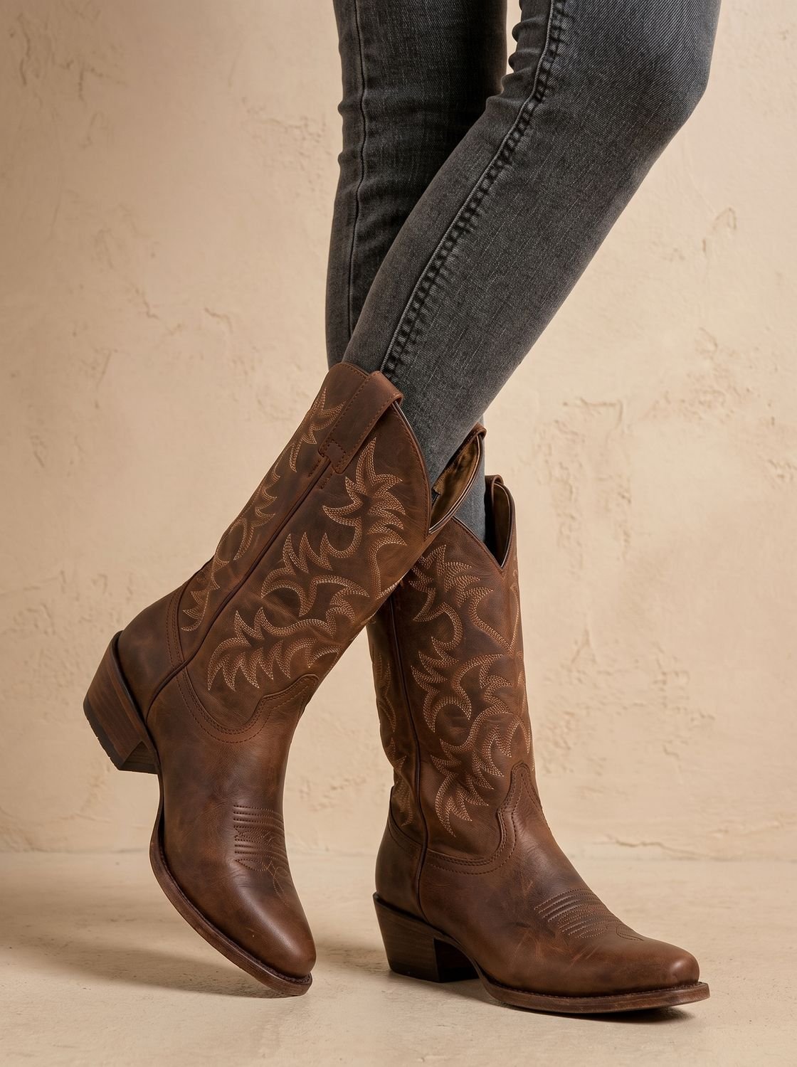Ainsley Embroidered Cowboy Boots in Brown