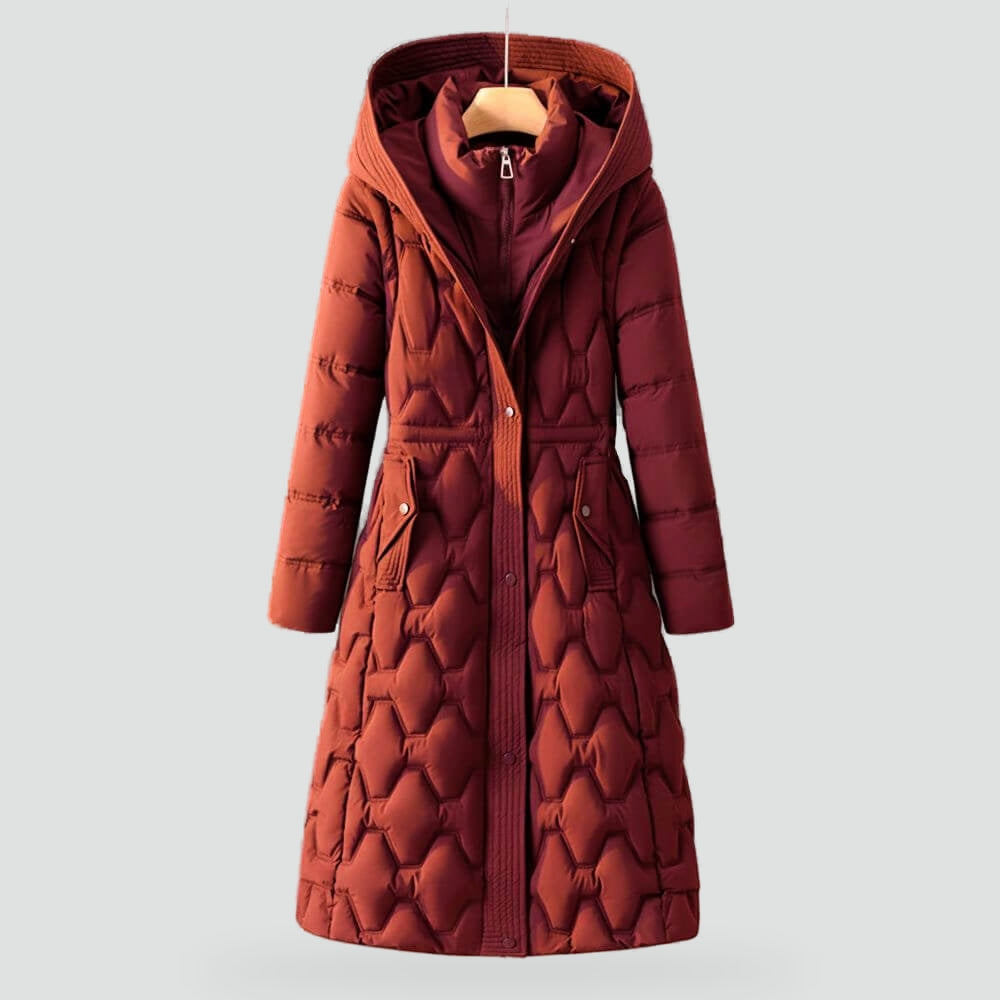Bailey Long Hooded Quilted Puffer Coat in Brick Red