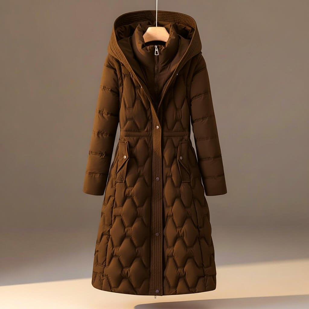 Bailey Long Hooded Quilted Puffer Coat in Brown