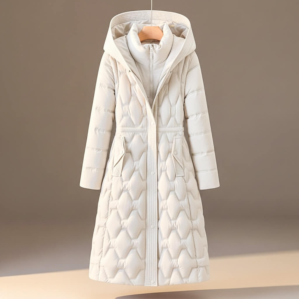 Bailey Long Hooded Quilted Puffer Coat in Cream