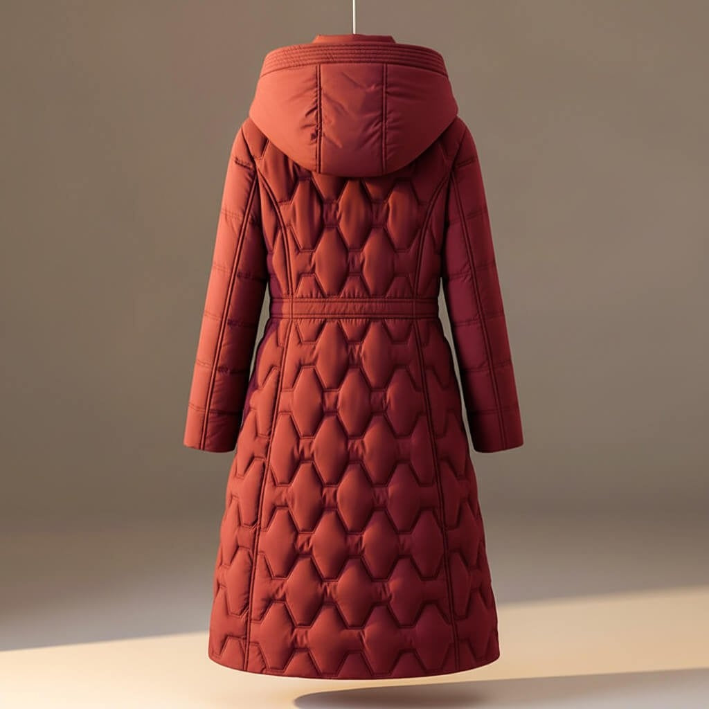 Bailey Long Hooded Quilted Puffer Coat in Brick Red