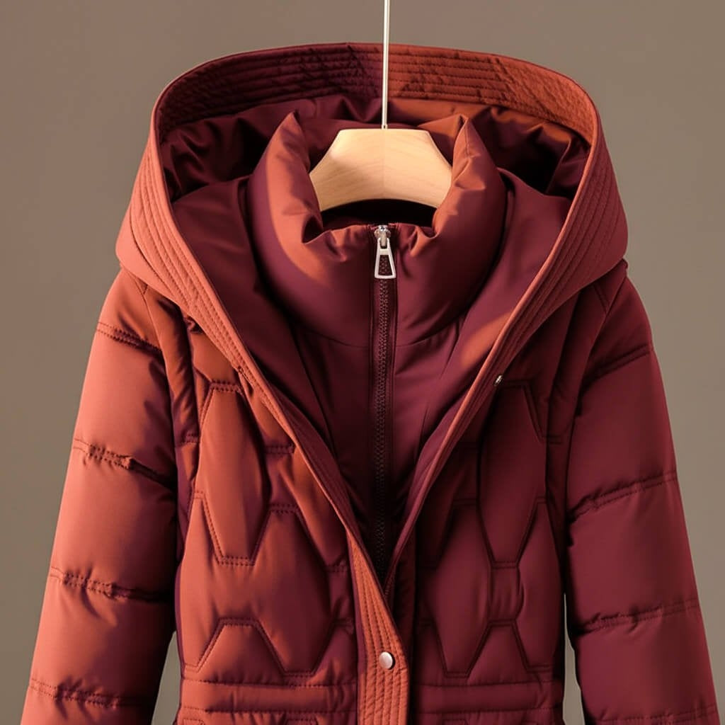 Bailey Long Hooded Quilted Puffer Coat in Brick Red
