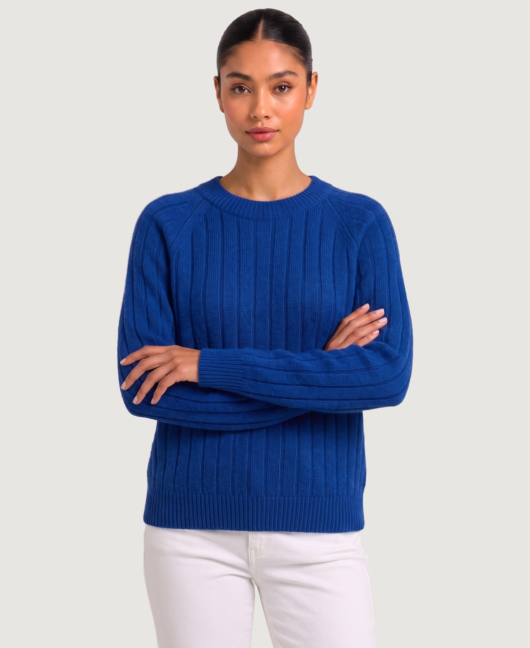 Women's wide rib knit jumper with raglan sleeves, front view – Dark Blue