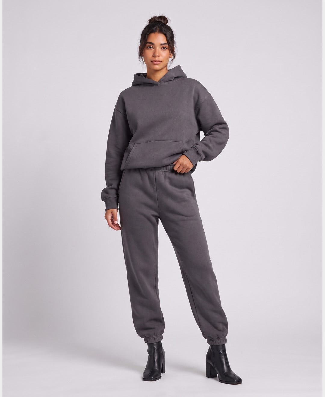 Giselle Hoodie Jogger Set in Dark Grey, front view