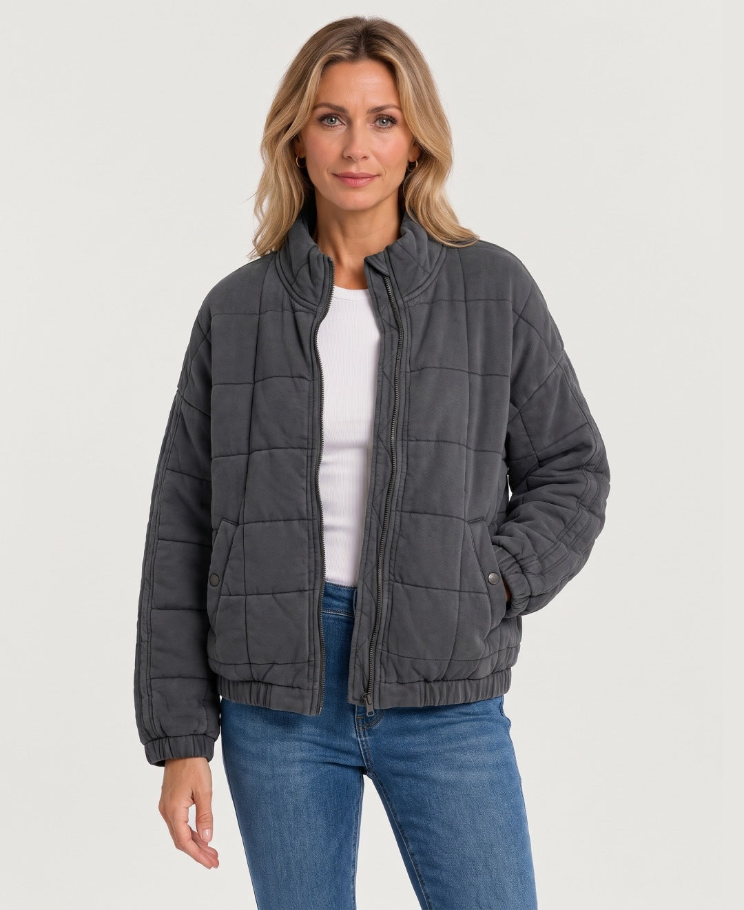 Women's quilted zip-up jacket dark grey front view