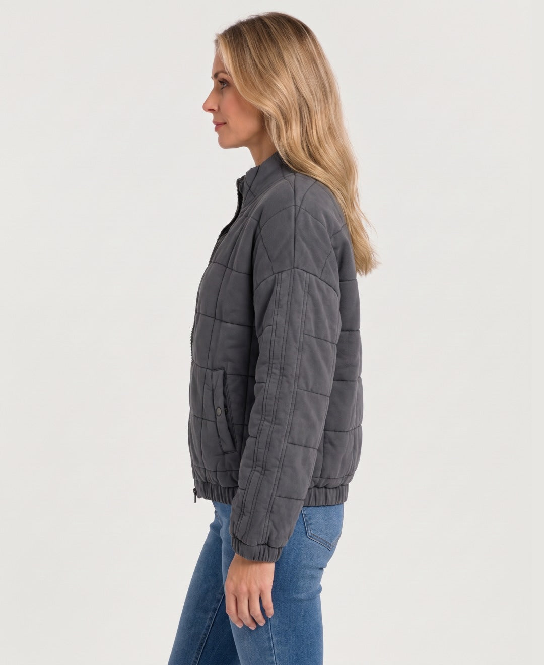 Women's quilted zip-up jacket dark grey side view