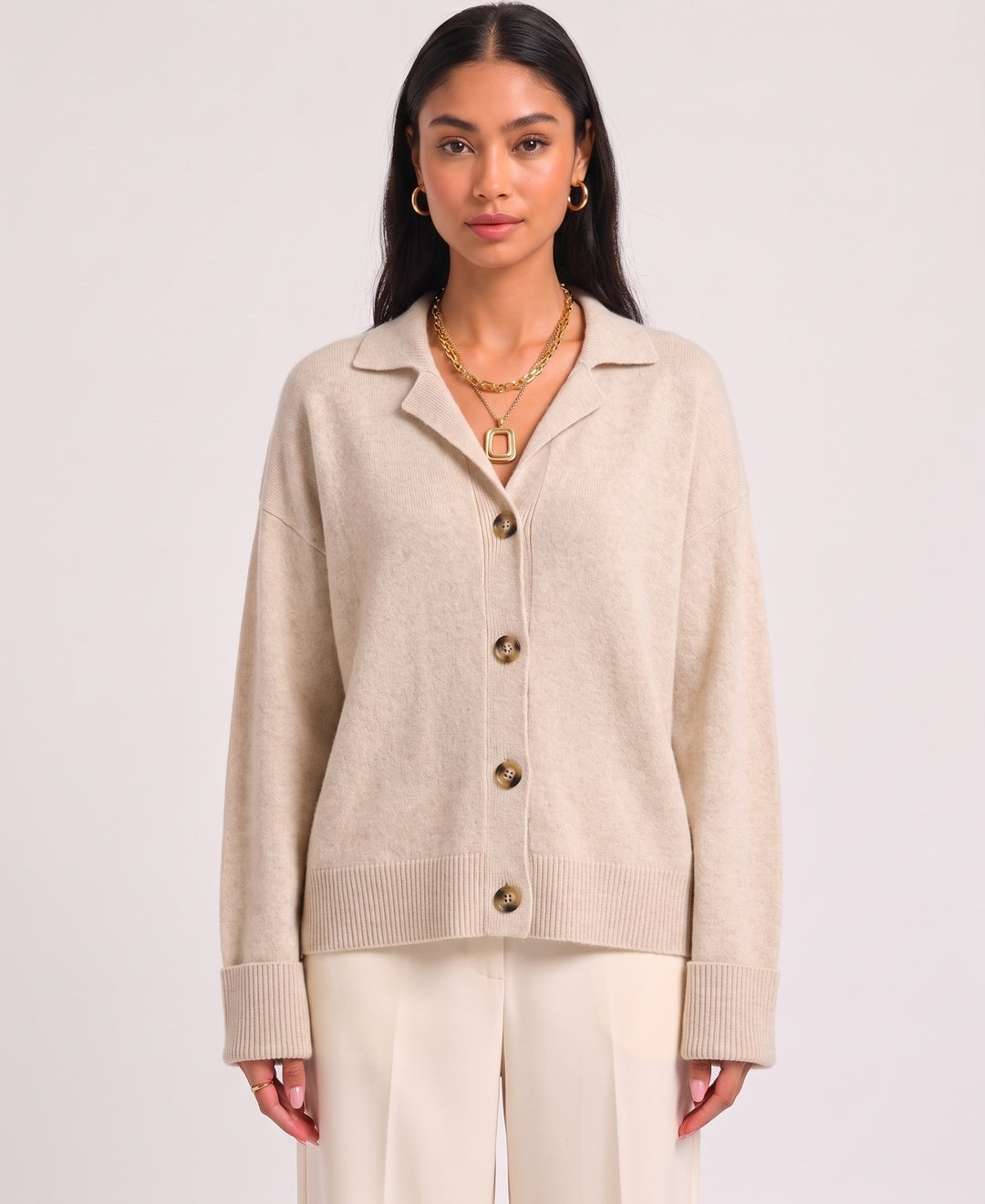Darla Cashmere Button Cardigan in Beige, front view