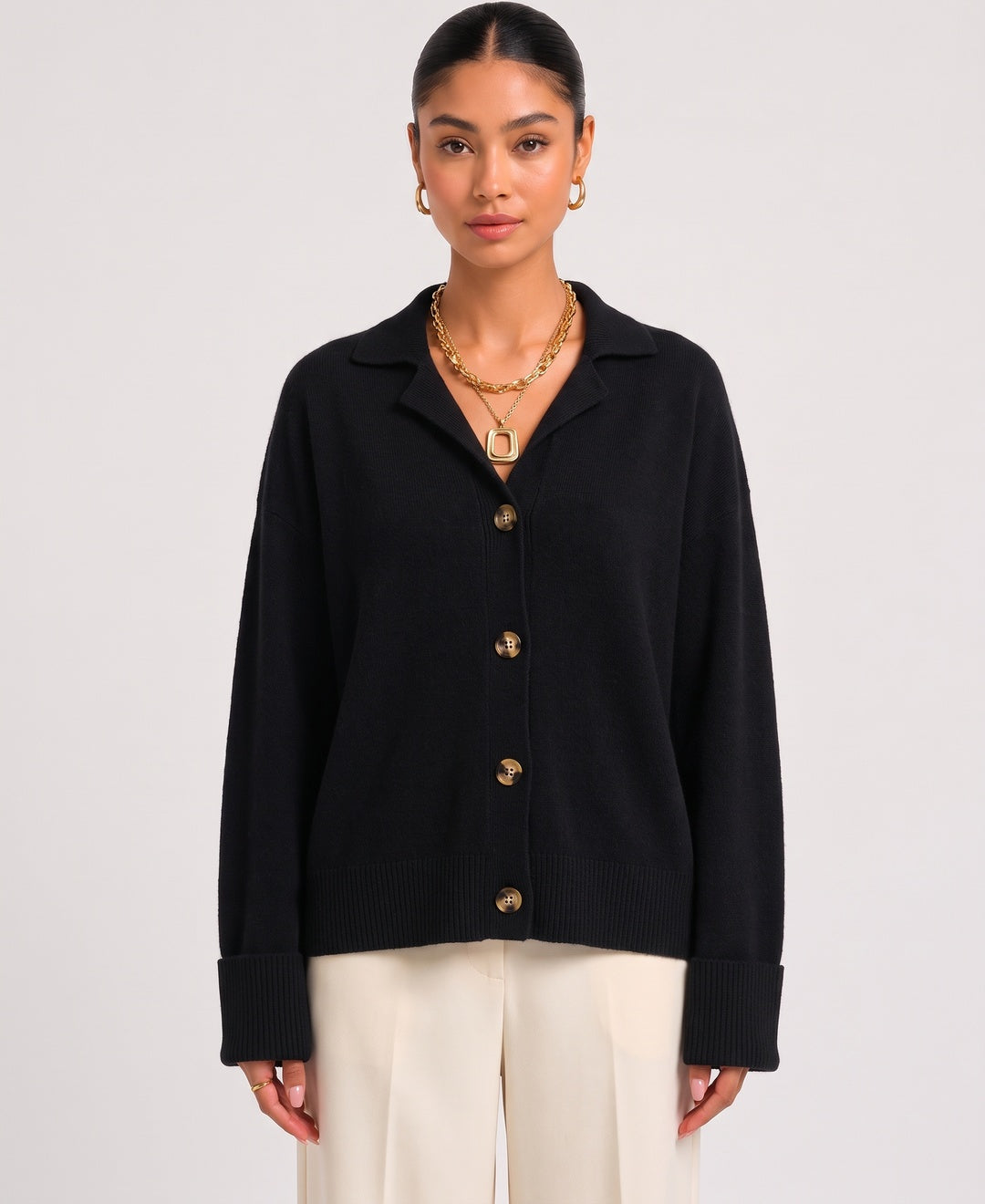 Darla Cashmere Button Cardigan in Black, front view