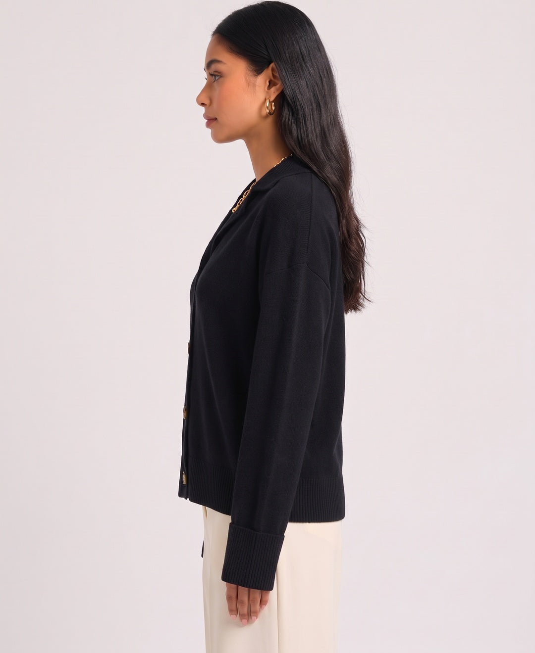 Darla Cashmere Button Cardigan in Black, side view