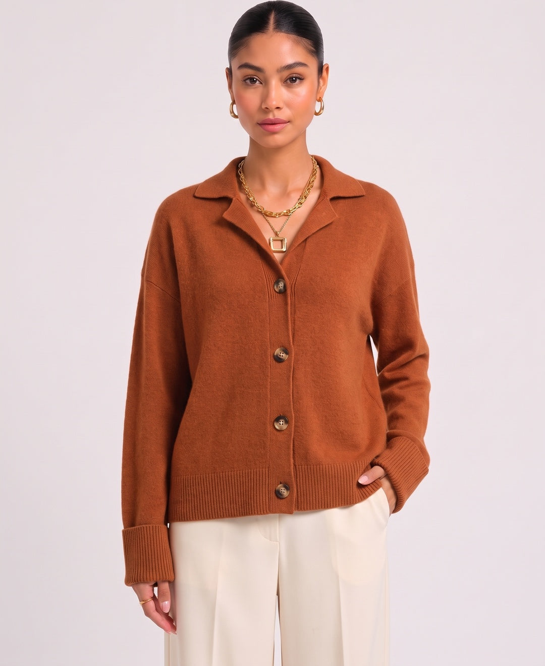 Darla Cashmere Button Cardigan in Orange, front view