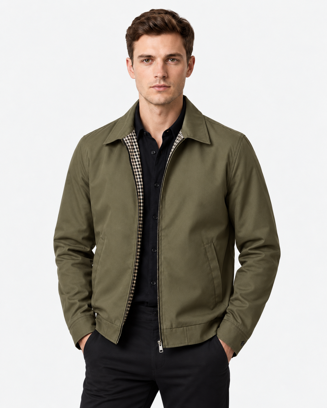 Men Check Lined Harrington Jacket Zip