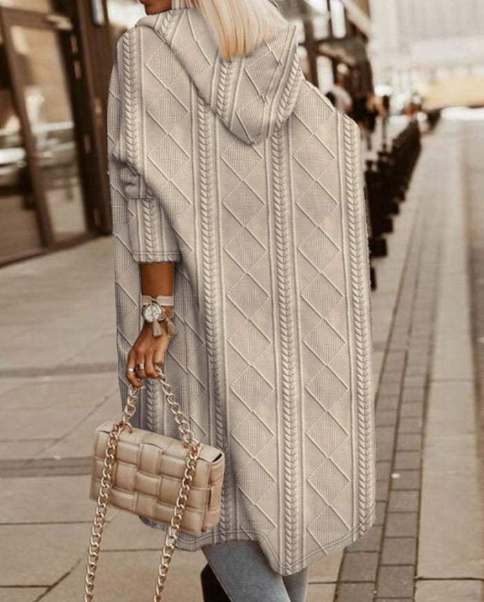 Jenna Hooded Textured Knit Long Cardigan in Beige