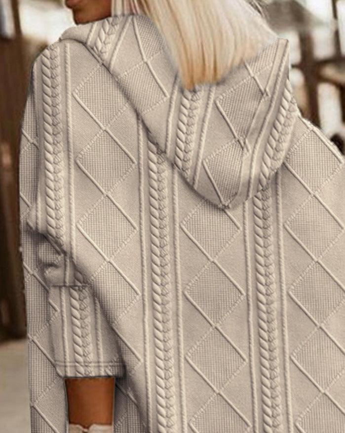 Jenna Hooded Textured Knit Long Cardigan in Beige