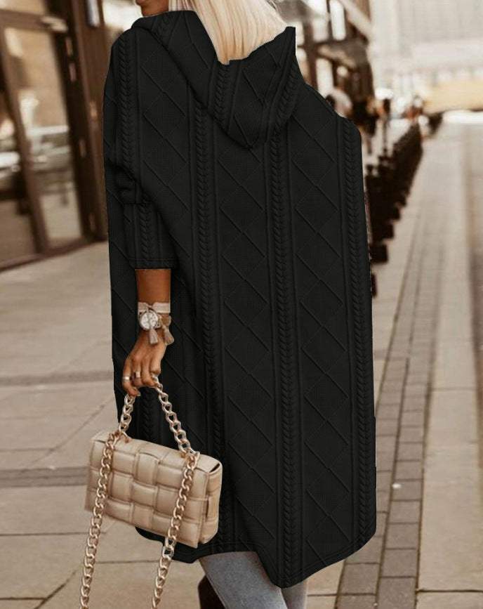 Jenna Hooded Textured Knit Long Cardigan in Black