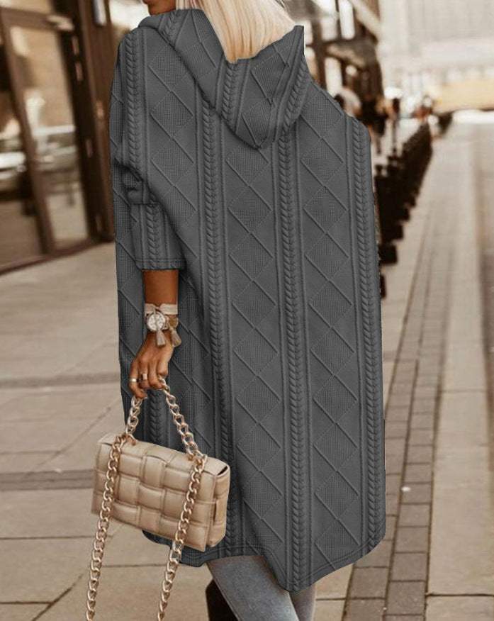 Jenna Hooded Textured Knit Long Cardigan in Grey