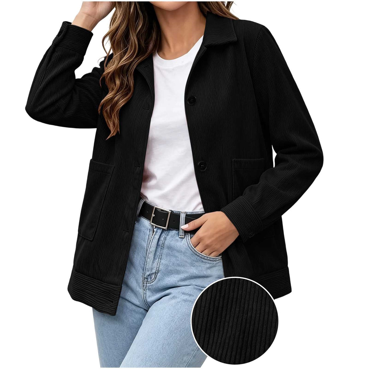 Lexi Corduroy Collared Button Jacket in Black