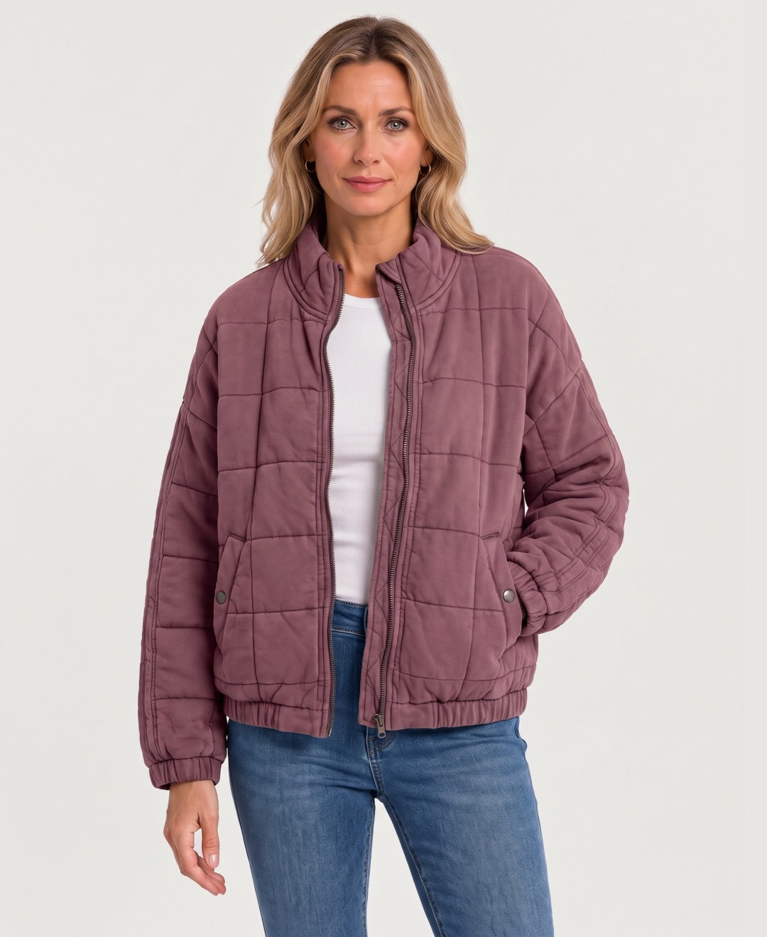 Women's quilted zip-up jacket dusty rose front view