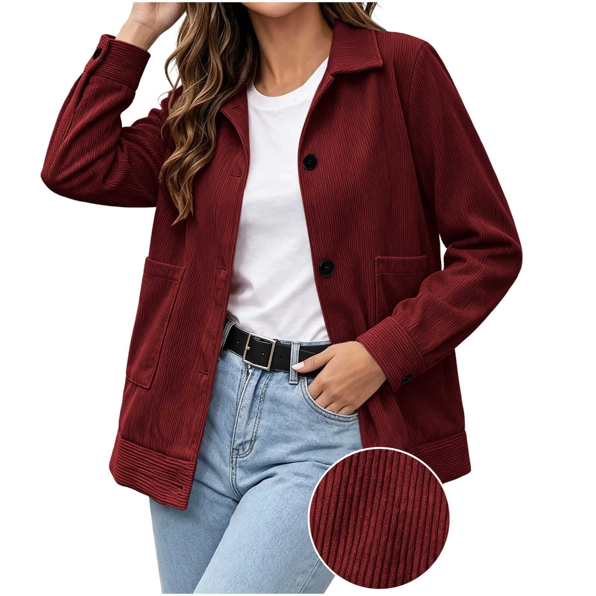 Lexi Corduroy Collared Button Jacket in Burgundy