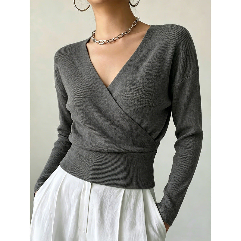 Rebecca Wrap Front Ribbed Knit Jumper in Dark Grey