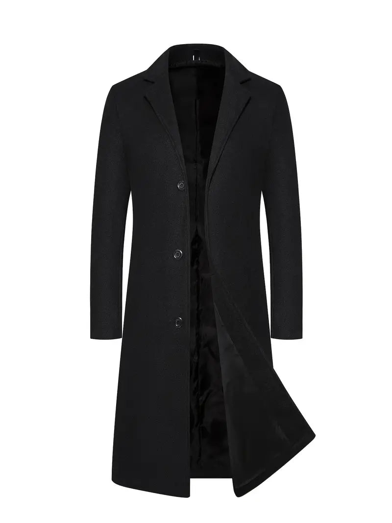 Graham Long Slim Fit Single Breasted Overcoat in Black