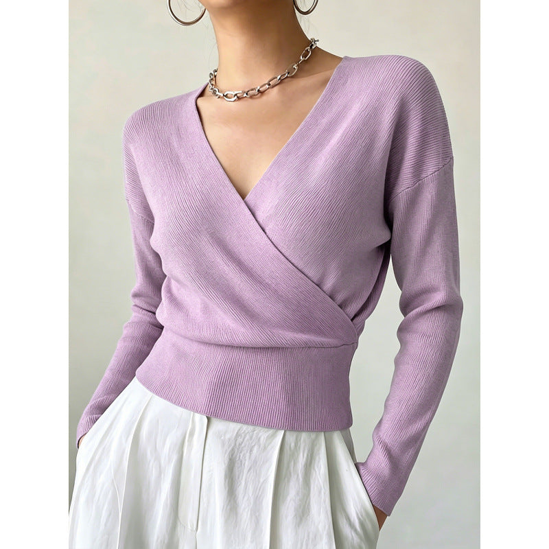 Rebecca Wrap Front Ribbed Knit Jumper in Lilac