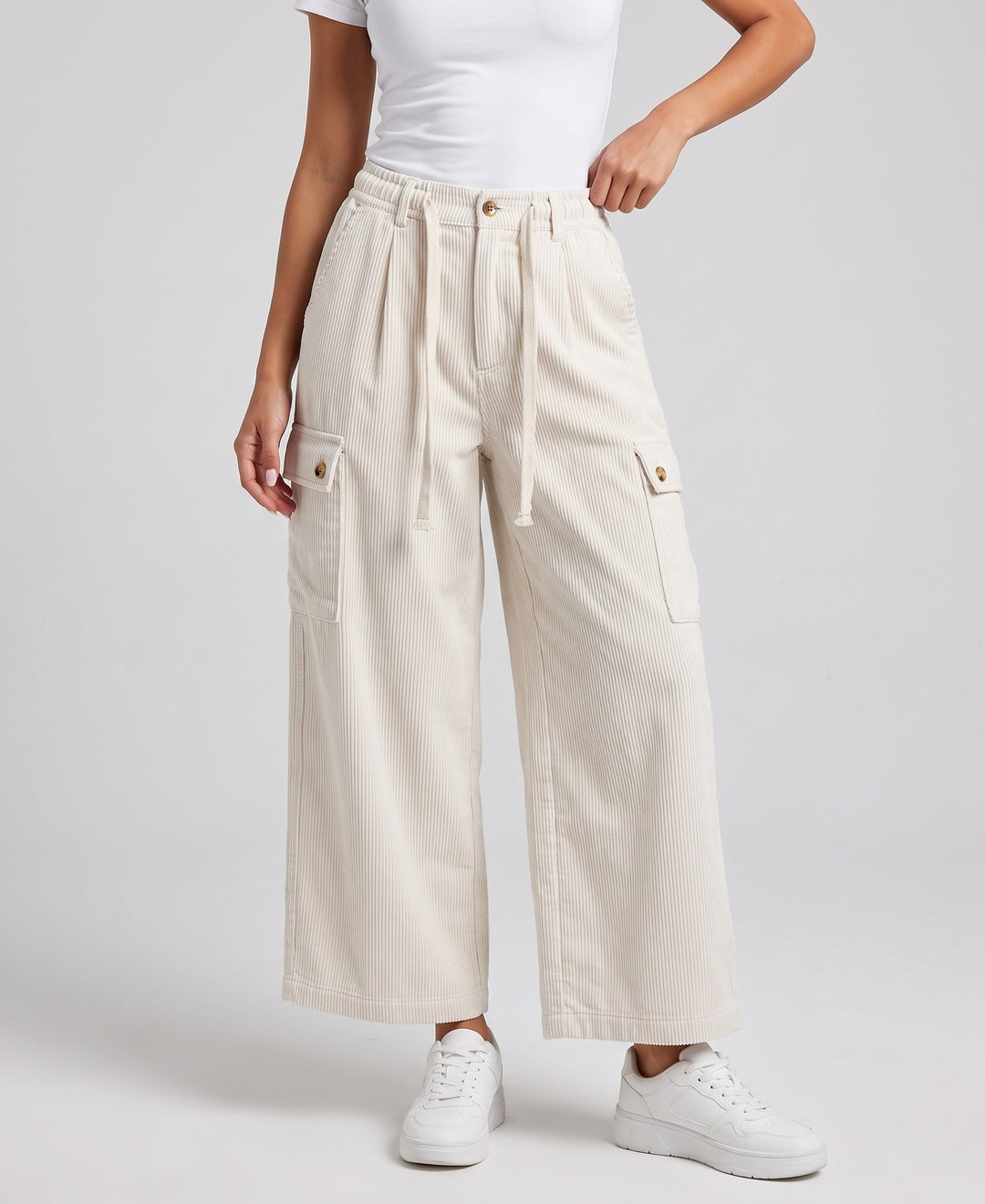 Rhea Trousers in Off-White corduroy, front view