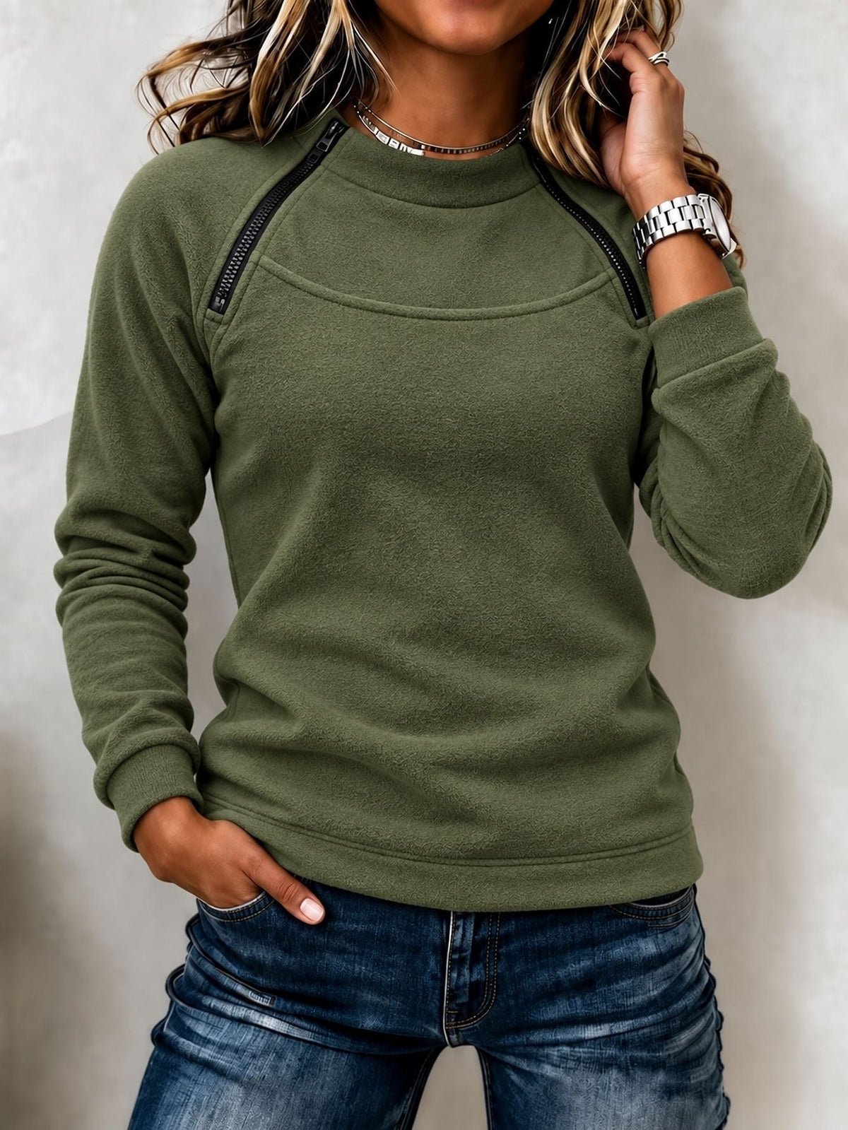 Stacey Zip Detail Crew Neck Sweatshirt in Army Green