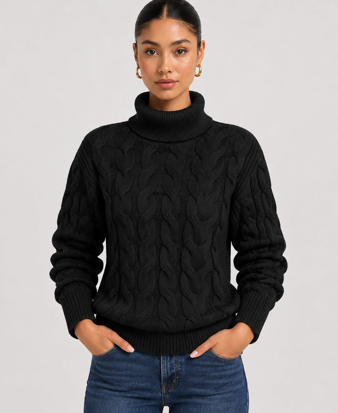 Imogen Cropped Cable Knit Jumper in Black, front view
