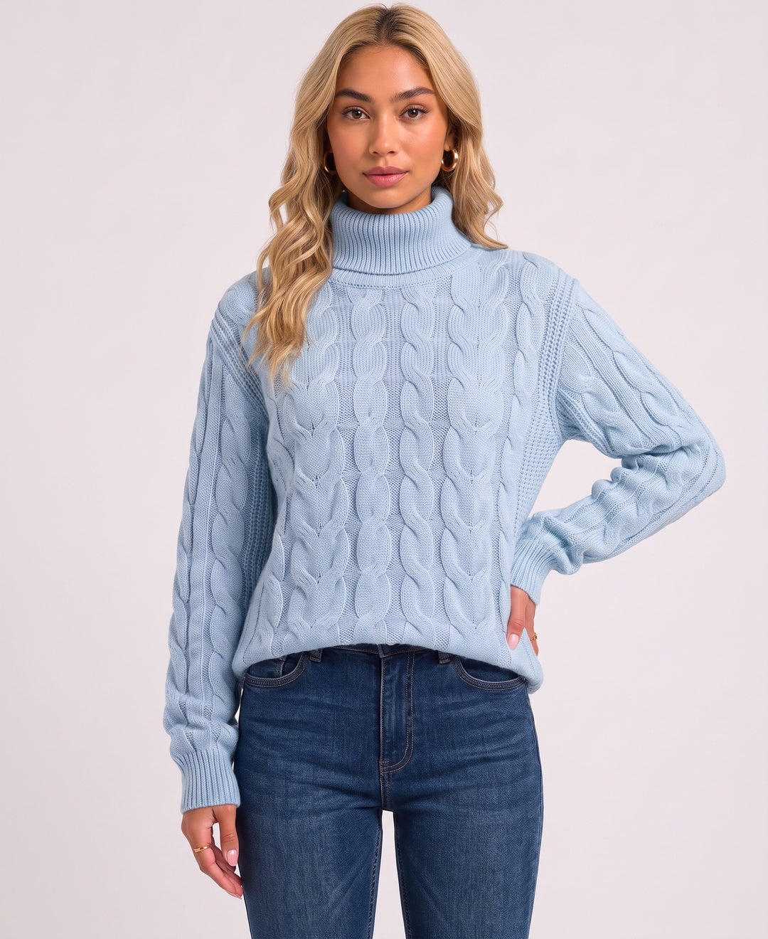 Imogen Cropped Cable Knit Jumper in Blue, front view