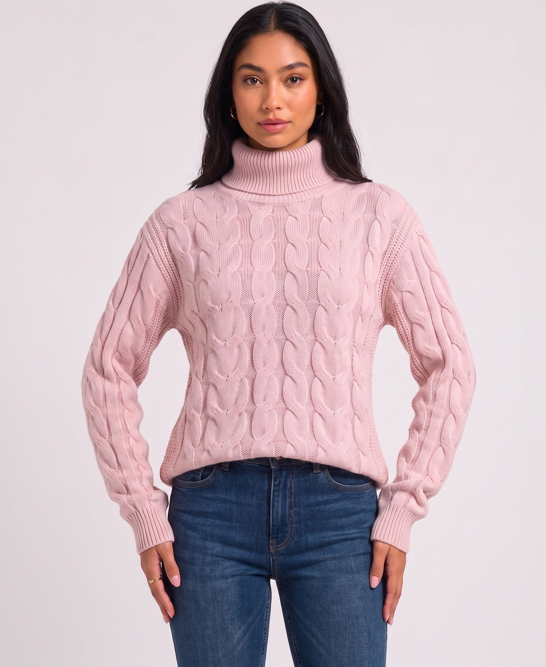 Imogen Cropped Cable Knit Jumper in Pink, front view