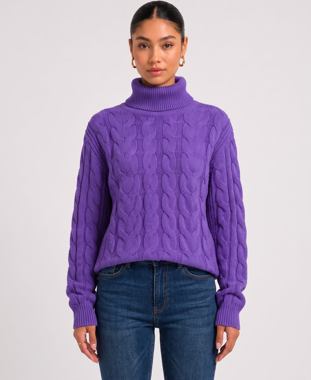 Imogen Cropped Cable Knit Jumper in Pink, front view
