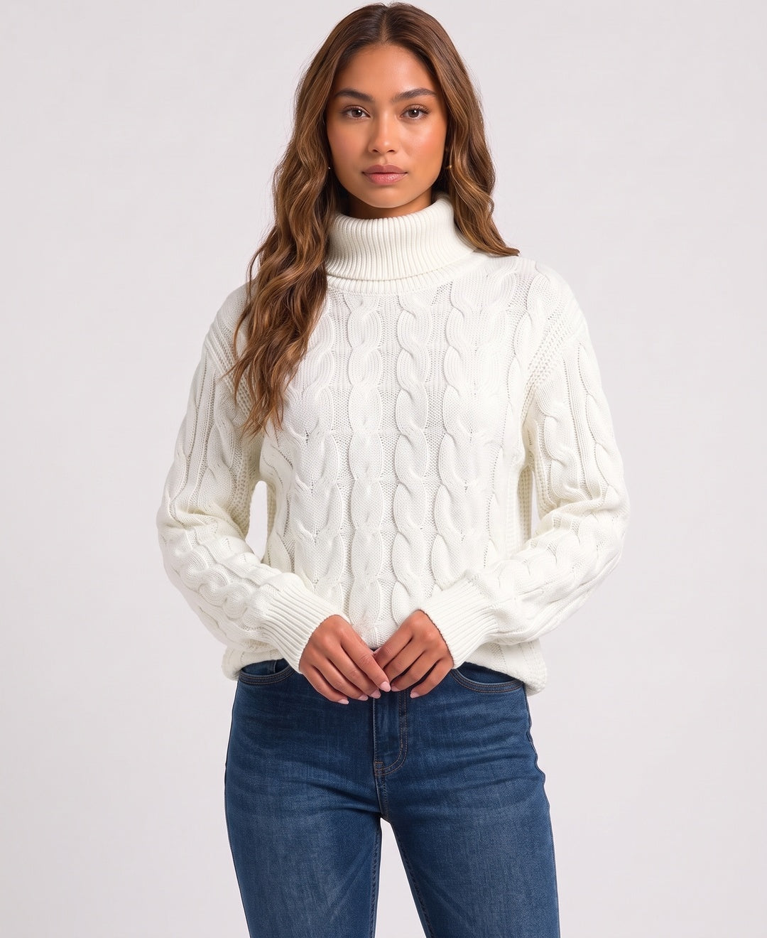Imogen Cropped Cable Knit Jumper in White, front view