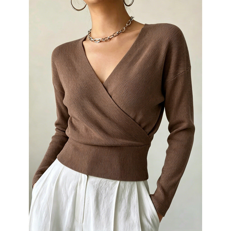 Rebecca Wrap Front Ribbed Knit Jumper in Brown