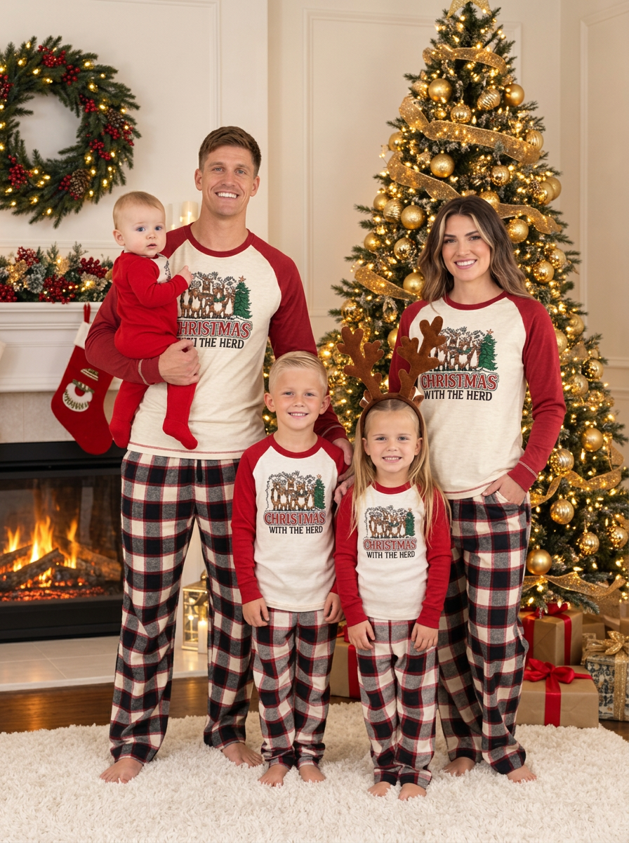 Plaid Trousers Raglan Top Matching Family Christmas Pyjamas, family together
