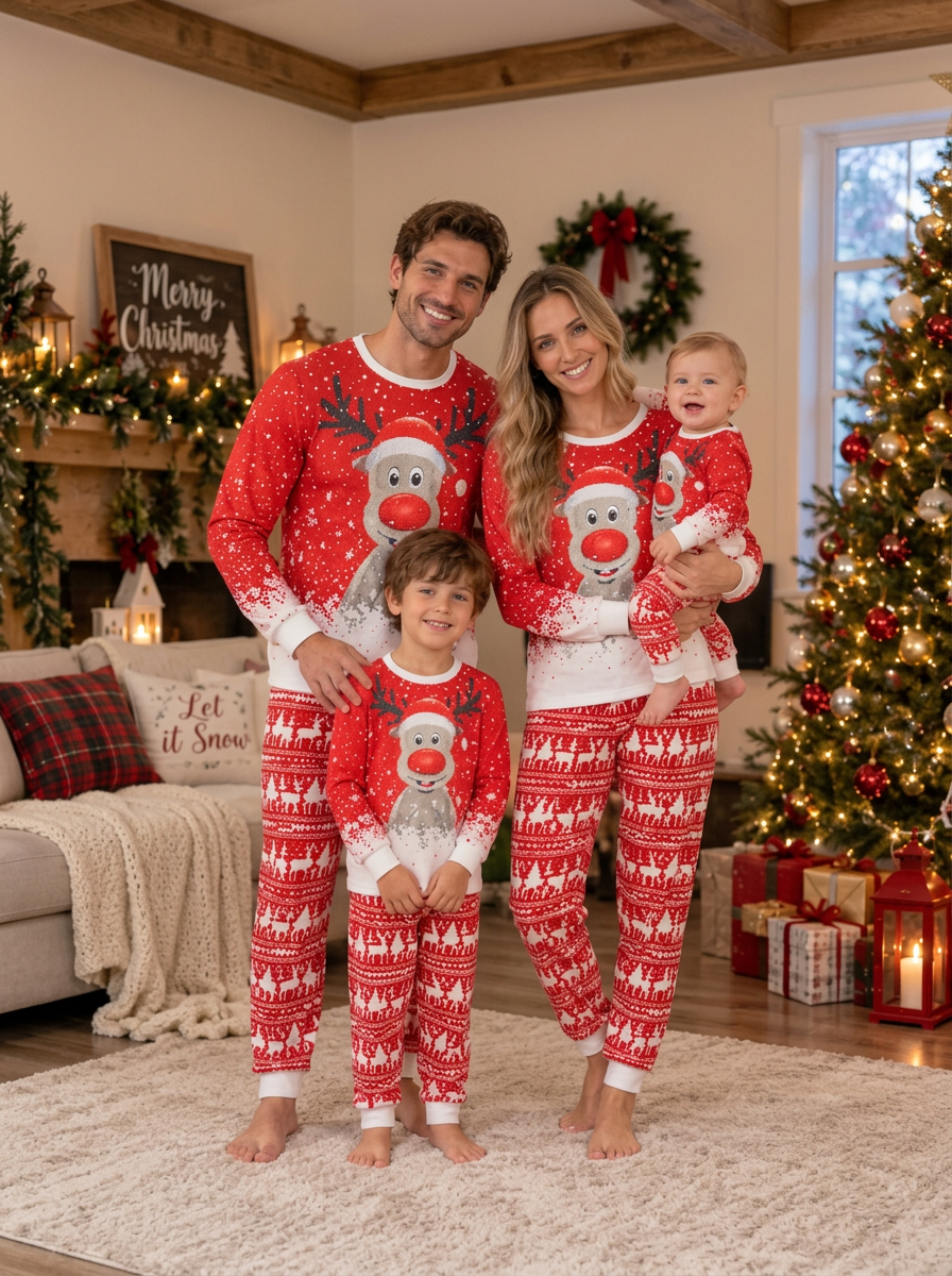 Red Nose Reindeer Matching Family Christmas Pyjamas, family together