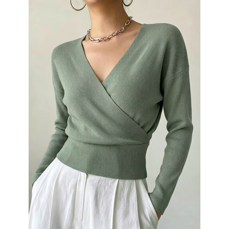 Rebecca Wrap Front Ribbed Knit Jumper in Sage Green