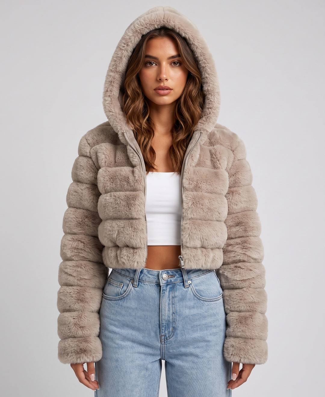 Women's cropped faux fur hooded bomber jacket in beige, front view