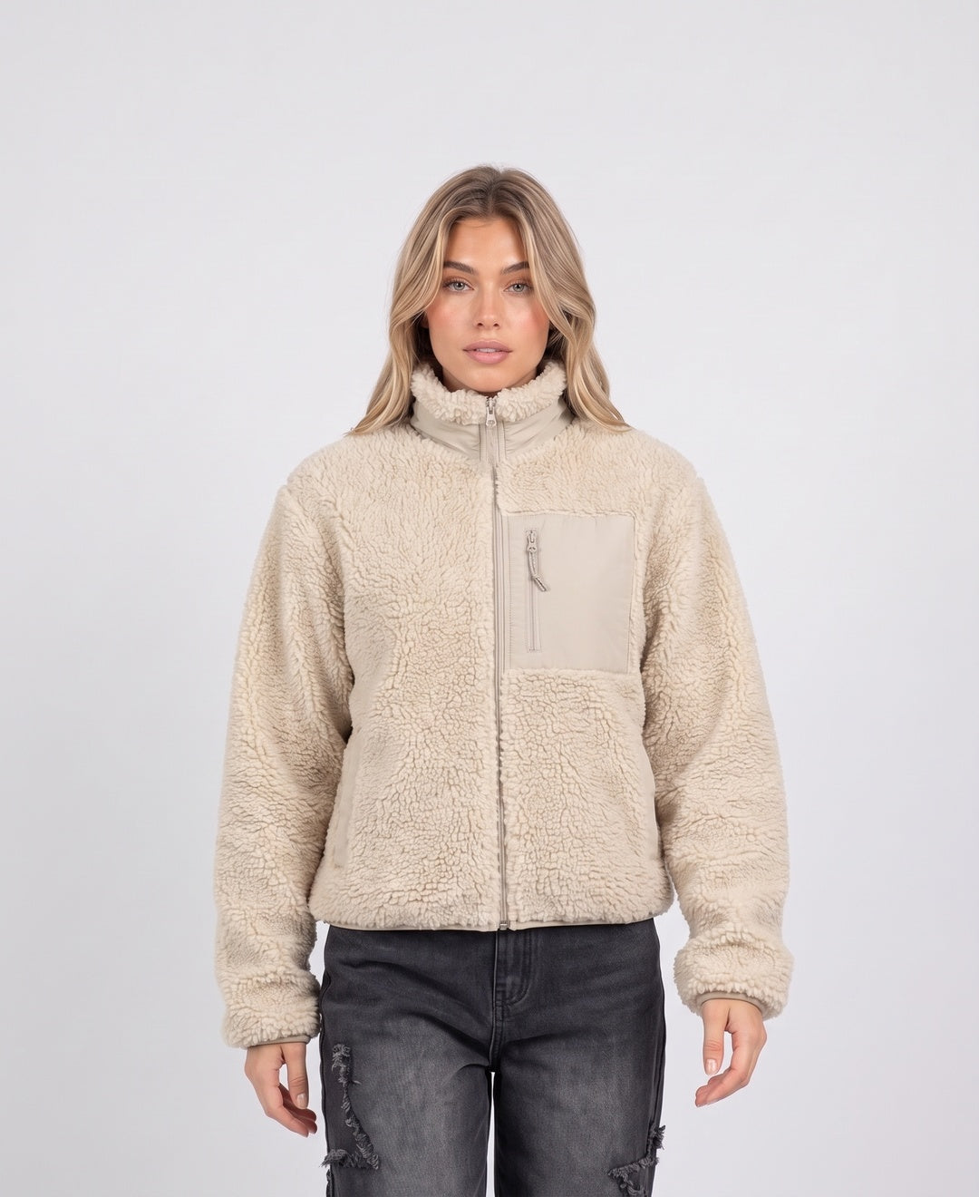 Women's teddy fleece zip jacket in beige, front view