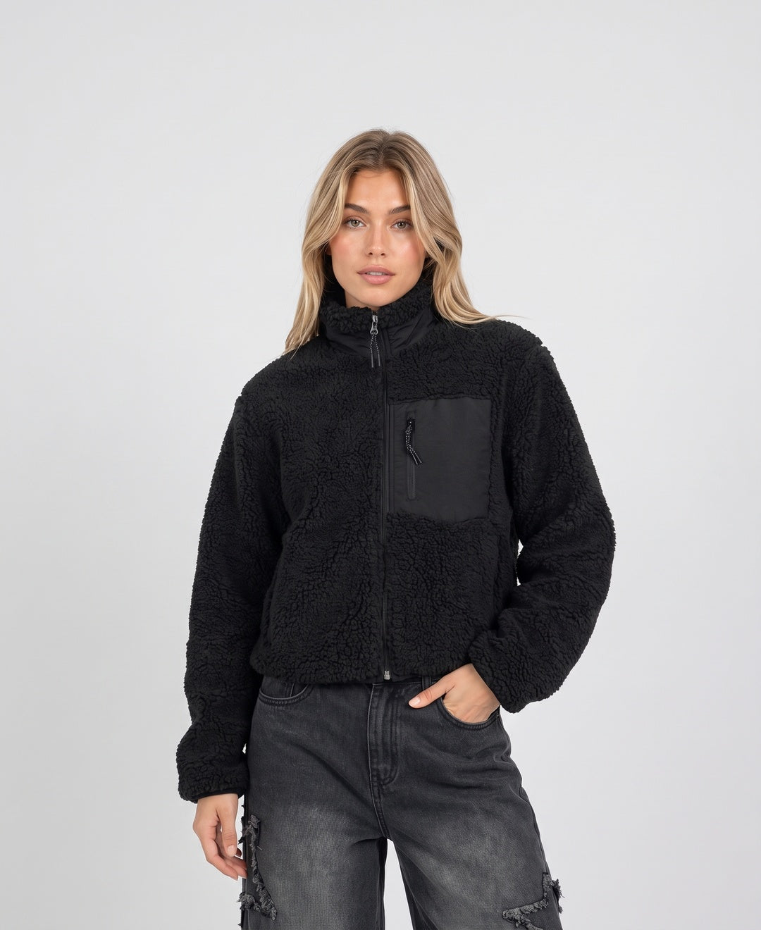 Women's teddy fleece zip jacket in black, front view