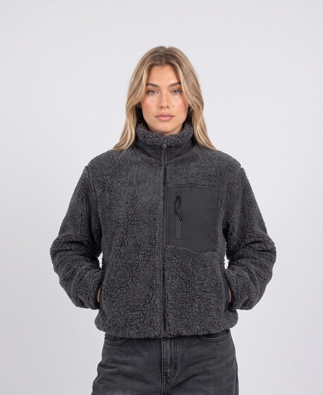 Women's teddy fleece zip jacket in charcoal grey, front view