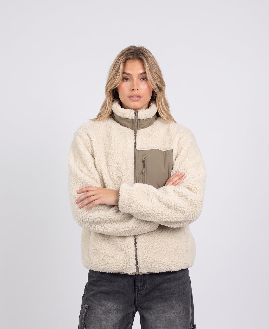 Women's teddy fleece zip jacket in cream, front view